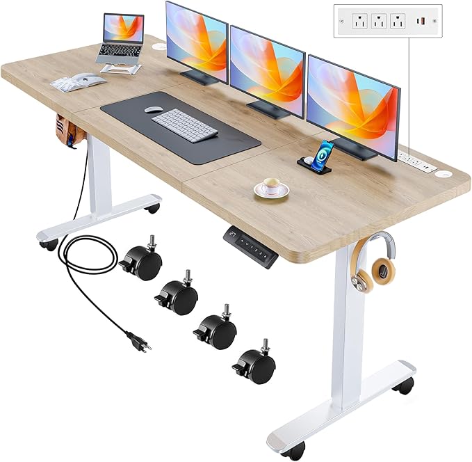 70'' x 27'' Electric Standing Desk Adjustable Height with Charging Station, Wheels, 2 USB Ports, 3 Power Outlets, 27''-46'' Lifting Range Stand up Desk for Home Office(Oak Gery)