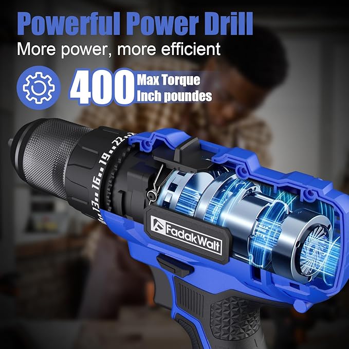 FADAKWALT 20V Cordless Drill/Driver Set,Electric Power Drill Kit with Battery& Charger, 1/2inch Keyless Chuck,2 Variable Speed,25+1 Torque Setting, 400 inch-lbs with LED Power Drill Kit