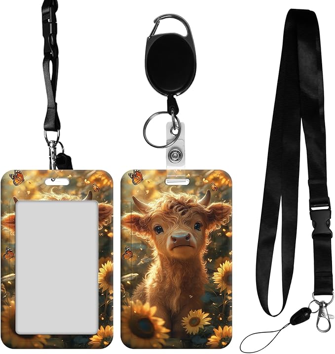 ID Badge Holder with Retractable Lanyard for Women & Men,Vertical ID Card Holder Wallet,Clear Window&Card Slot,Detachable Neck Strap for Nurse Teacher Office,Sunflower Cow & Butterflies
