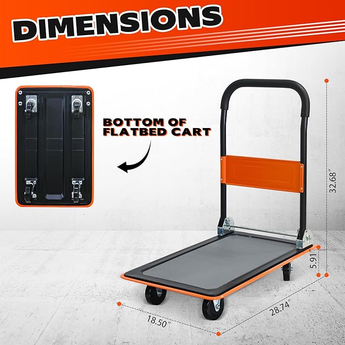 Orange Folding Platform Hand Truck 330 lbs Capacity, Heavy Duty Steel Flatbed Dolly with 360° Silent Wheels, Foldable Push Cart for Warehouse, Home, and Office Use