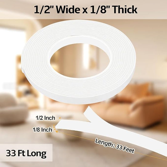 1/2 in Wide x 1/8 in Thick x 33FT Window Sealing Tape,Weather Stripping Door Seal,Foam Insulation Tape,Single-Sided Self-Adhesive Foam Strips White
