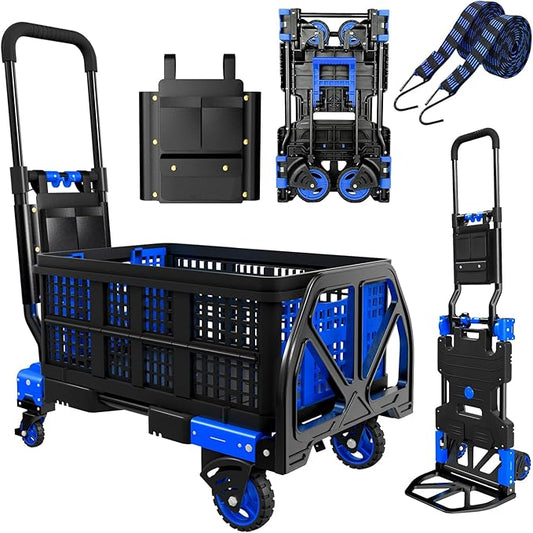 Folding Hand Truck, 2 in 1 Portable Heavy Duty Carrying Moving Dolly Cart with 4 Foldable Wheels and Retractable Handle Duty 330lbs (Blue with Folding Basket)