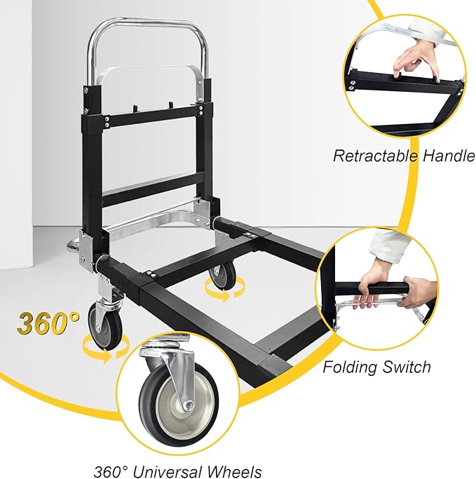 3-in-1 Aluminum Hand Truck Dolly, 600 lbs Heavy Duty Folding Trolley with Universal Wheels, Convertible Hand Truck with Tie Down Straps for Warehouse, Supermarket, Office (Black)