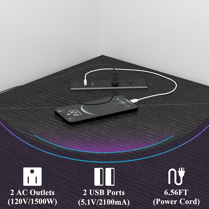 Auromie Corner Desk with Outlets & USB Ports, 90 Degree Triangle Corner Table with CPU Stand & Storage Shelves for Small Space, Computer Table with Charging Station for Home Office Bedroom (Black)
