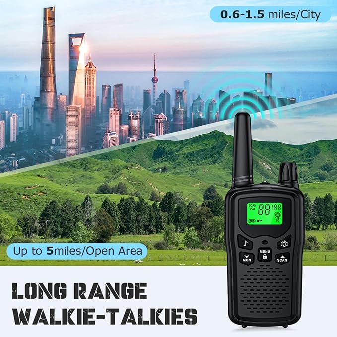 Black Walkie Talkies Rechargeable Long Range Two-Way Radios with 22 FRS,2-Way Radios UHF Handheld Transceiver Walky Talky with Flashlight Li-ion Battery and Charger（2 Pack Black）