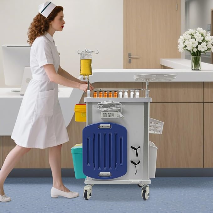 Rolling Crash Cart with Drawers & Adjustable IV Pole, Silent Casters, Needle Disposal Holder, Trash Bin, O2 Holder, Utility Trolley Cart for Clinic, Hospital, Salon, Lab, Load 176 Lbs (Blue)