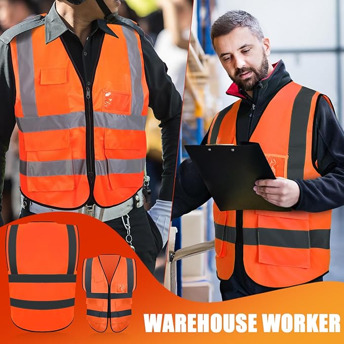JaGely 15 Pack Reflective Safety Vests with Pockets and Zipper Construction Work High Visibility Vest for Men Women(Large,Orange Red)