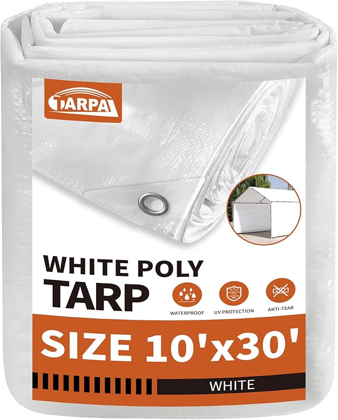 TARPAL 10'x30' Tarps White Tarp Waterproof 7.5 mil Medium Duty All Purpose Poly Tarps Cover Waterproof,Snow Proof UV Protection,Rip and Tear Proof,Poly Tarpaulin