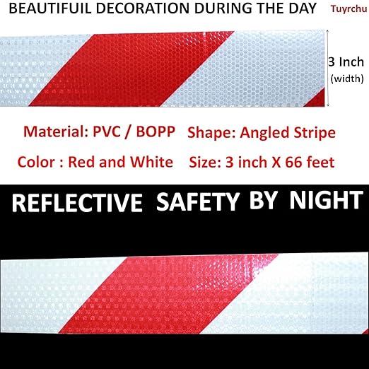 Red and White Reflective Tape Outdoor Waterproof 3 inch X 66 feet, High Visibility Hazard Conspicuity Safety Marking Tape