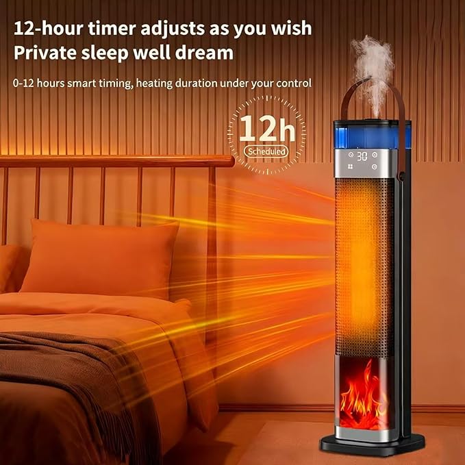Space Heater Indoor, 25" 1500W PTC Ceramic Heater with atomization and humidification function, 3 Modes, 3D Flame, 12H Timer, 45° Oscillating, with Remote, Tower Heater for Office Bedroom