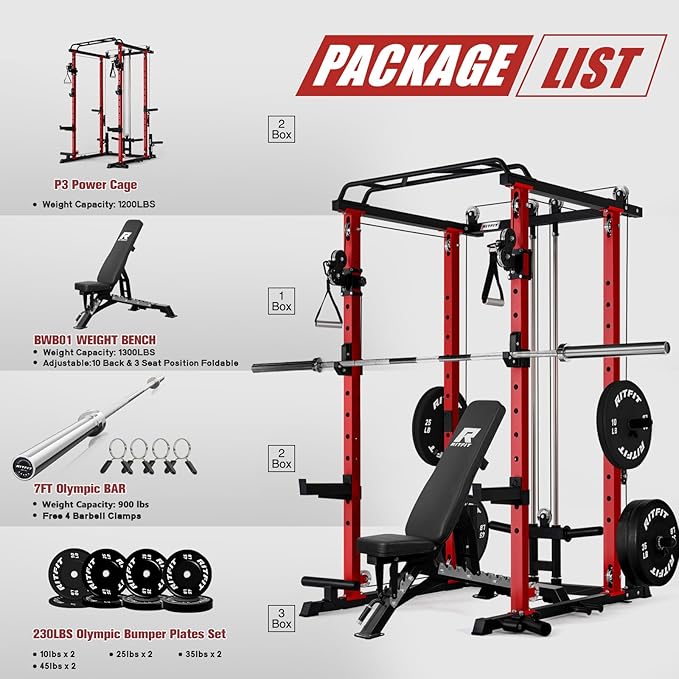 RitFit Multi-Function Squat Rack Power Cage PPC-P3 with Cable Crossover System, 1200LBS Capacity Power Rack and Packages with Optional Weight Bench, Barbell Weight Set, for Garage Workout & Home Gym