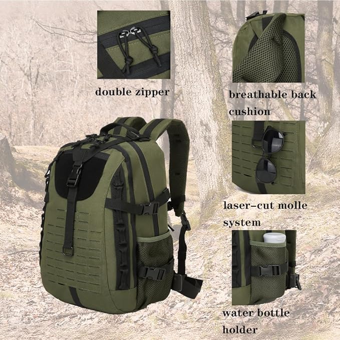 Military Tactical Backpack For Men Laser-Cut Molle Daypack 3 Day for Hiking,Working,Travel (black green)