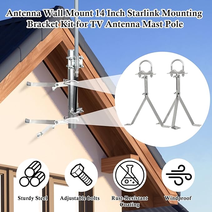XRDS-RF Antenna Wall Mount 14 Inch Heavy-Duty Stand Off Wall Mast Mount Windproof Antenna Mounting Bracket for TV Antenna Mast (3-Leg + 2-Leg)