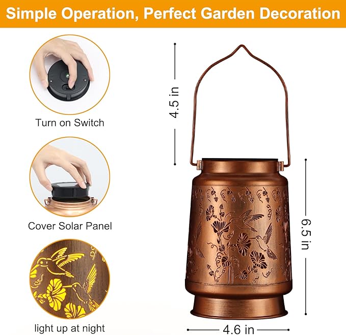 Solar Lantern Outdoor Hanging Waterproof Outside Metal Openwork Hummingbird Pattern Birthday Gifts for Women Mom Landscape Lights for Porch Garden Yard Patio Pathway Decor(Two Hummingbirds)