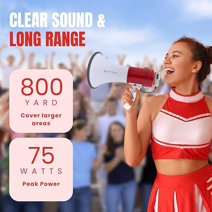 Technical Pro Portable 75-Watts 800M-1000M Range Megaphone Bullhorn Speaker with Strap, Siren, & Volume Control, Good for Trainers, Camping, Coaches, Cheer Leaders