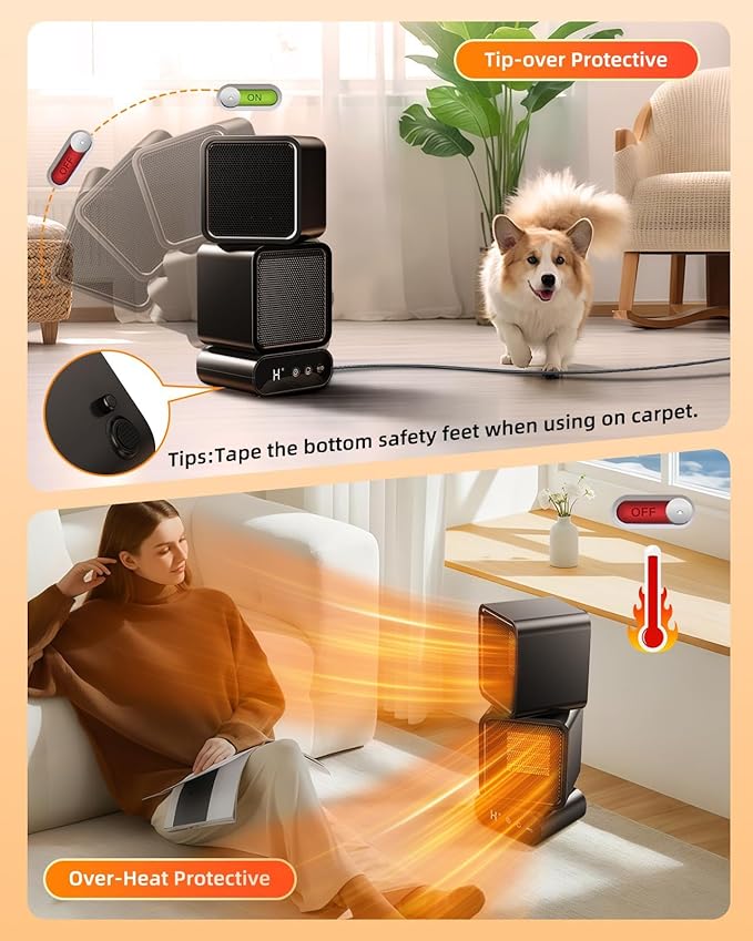 Portable Dual-Head Space Heater, 270° Manual Rotation, Auto Oscillation 45°/90°/120°, Energy Efficient Desktop Heater with Remote, 3 Modes, 5 Timer for Indoor Office Home Bedroom Use