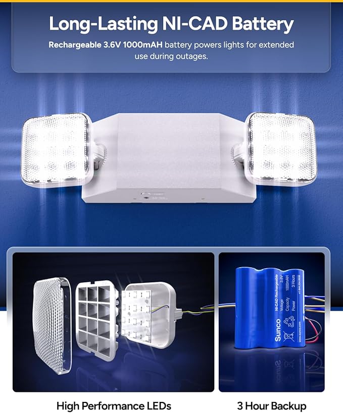 Sunco 12 Pack LED Emergency Lights, Commercial Lighting for Business, Power Outages, Offices, with Backup Battery (90 Minutes), Wall Mount, Hard Wired, 120-277V, Fire Resistant (94V-0) UL
