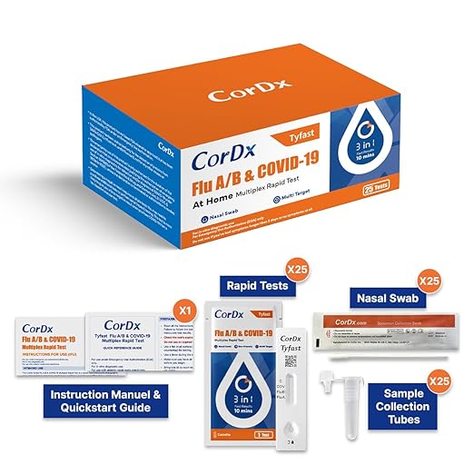 CorDx Tyfast At Home Flu A/B and COVID 19 Multiplex Rapid Test, Easy Nasal Swab, Fast Results in 10 Minutes, 25 Tests