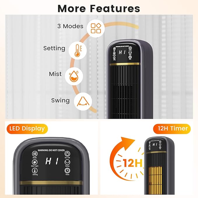 VCJ 36" Space Heaters, 1500W 12H Timer Electric Heater for Indoor Use, Remote, 150° Oscillation, Water Mist, Overheat & Tip-Over Protection, Quiet Portable Tower Heater for Bedroom Living Room Garage
