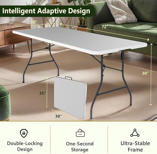 Folding Table, 6FT Foldable Picnic Table with Carrying Handle, Heavy Duty Fold-in-Half Portable Table for Weddings, Camping, RV Travel, Parties, BBQs, and Indoor Use, Easy to Fold and Store