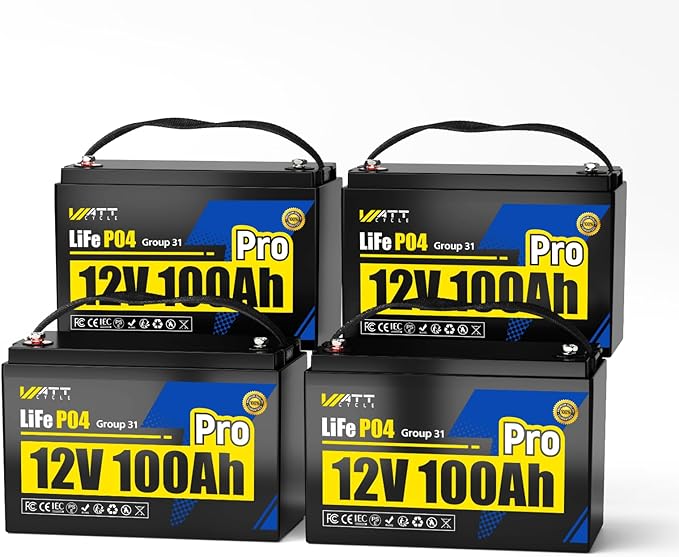 Wattcycle 12V 100Ah LiFePO4 Battery 4 Pack, Lithium Battery 12V 110A BMS, Lithium RV Batteries 15000+ Deep Cycles, Built-in Bluetooth, Monitor, Mobile APP, Perfect for Home Energy, RV, Marine, Solar