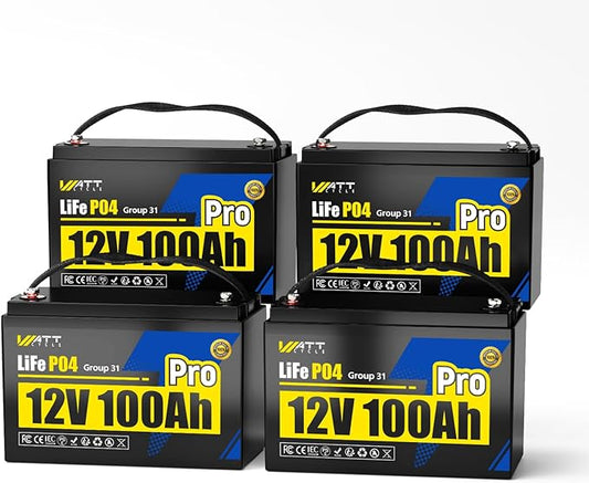 Wattcycle 12V 100Ah LiFePO4 Battery 4 Pack, Lithium Battery 12V 110A BMS, Lithium RV Batteries 15000+ Deep Cycles, Built-in Bluetooth, Monitor, Mobile APP, Perfect for Home Energy, RV, Marine, Solar