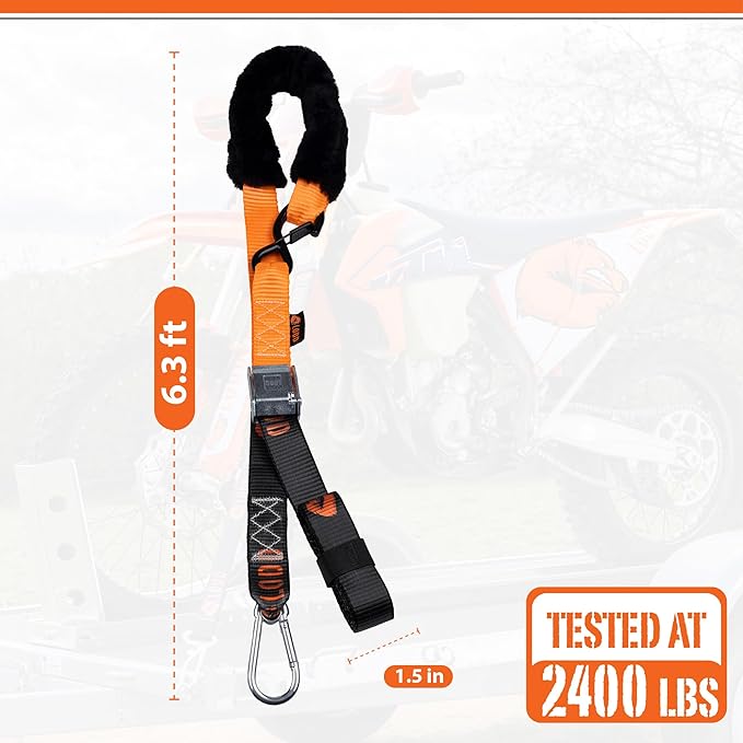 LODD - Motorcycle Tie Down Straps with Heavy-Duty Buckles, Fur Protection, Steel Carabiner, Reinforced Buckle | 2,400 lbs, 1.5" | Trailer Securing for Dirt Bike, Enduro, Trial, Quad, Trail