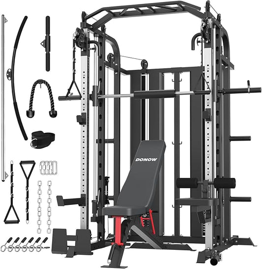 DONOW Smith Machine with Weight Stacks, Multi Function Home Gym System Training Power Cage Squat Rack Dual Cable Crossover Machine All in One