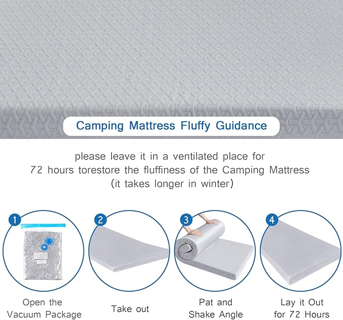 Memory Foam Camping Mattress Pad 3 Inch Thick, Portable Sleeping Pad with Waterproof Cover, Portable Roll Up Cot Mattress Pad Floor Mat for Travel Truck Bed Tent, 72"×24"×3", Gray