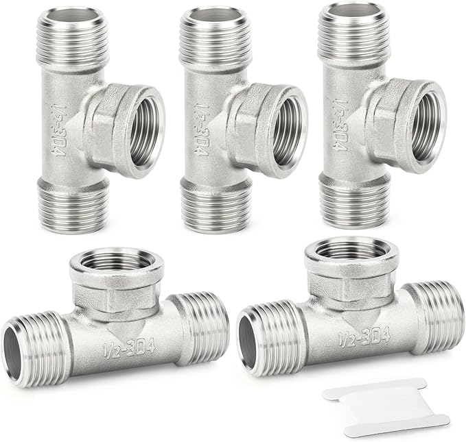 TAISHER 5PCS 304 Stainless Steel Tee Pipe Fittings, 1/2"" NPT Male x 1/2"" NPT Female x 1/2"" NPT Male Pipe Fittings, Female Branch Tee, Silver