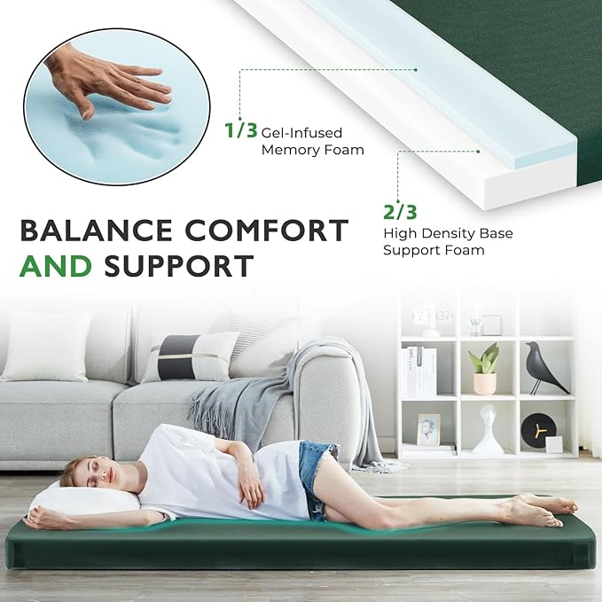 Kingfun 3 Inch CertiPUR-US Memory Foam Camping Mattress, Waterproof Roll up Sleeping Pad for Adults, Comfortable Thick Floor Sleeping Mats for Car Truck Tent with Removable Travel Bag