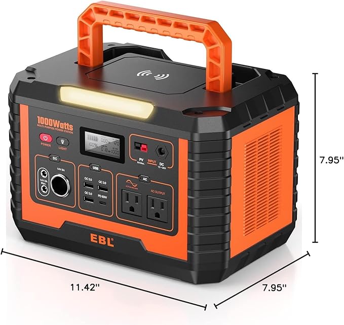 EBL Portable Power Station 1000W, 999Wh Solar Generator 2000W Peak, AC/Wireless Charging/60W USB-C Output, Lithium Battery for Emergency, Home Backup, Camping, RV, Off-Grid Living