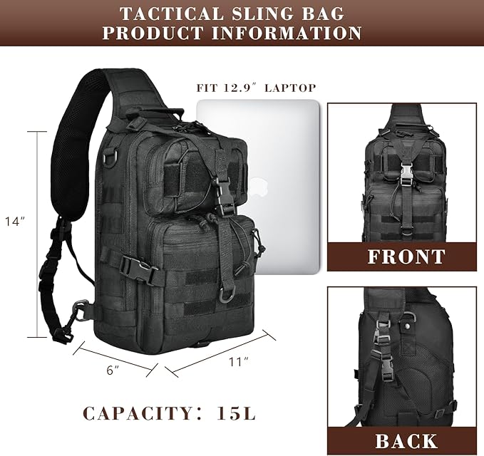 15L Compact Tactical Sling Bag, Military Shoulder Sling Pack for Men's EDC, Molle Assault Range Bag Crossbody Chest Pack for Outdoor Adventures (07-Black)