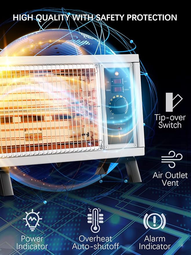JASUN Radiant Heater Electric Space Heater Fast Heating with Adjustable Thermostat, Portable Indoor Heater with Handle Quiet1250W/1500W for Office Home Garage Bedroom ETL Approved White