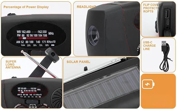 WALFRONT 10000mAh Solar Power Emergency Radio, Hand Crank Radio with LED Flashlight & 3 Power Source Weather Radio for Household Outdoor Emergency (Black)