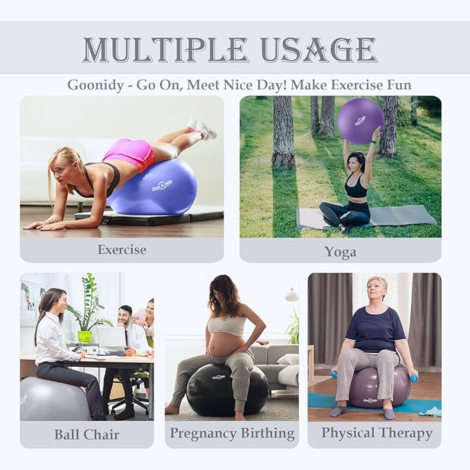 Soft Exercise ball, Anti-Burst Yoga Ball Chair Supports 2200lbs, Workout Equipment w/ Pump for Women Pregnancy, Medicine, Birthing, Physical Therapy, Stability, Excersing, Birth, Swiss, Fitness, Gym