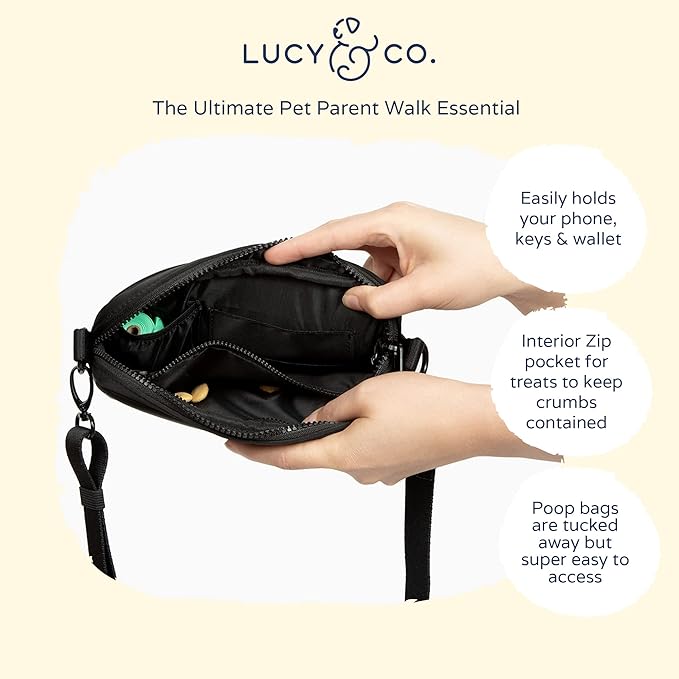 Lucy & Co. Crossbody Treat Pouch, Fanny Pack, Shoulder Bag - Wear 3 Ways, Hidden Poop Bag Dispenser, Zip Treat & Phone Pocket, Dog Accessories (Black)