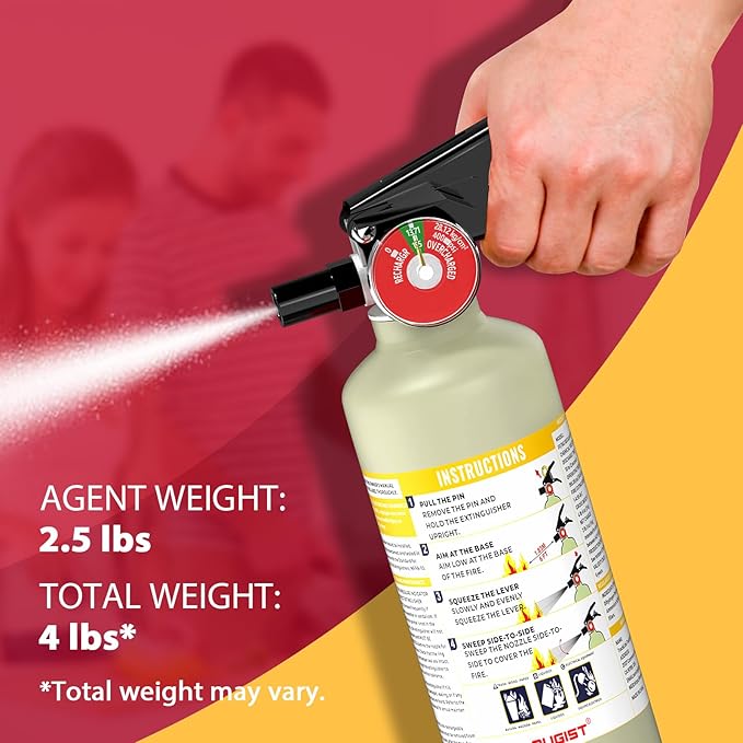 Ougist ABC Dry Powder Fire Extinguisher, 2.5lb – 1-A:10-B：C Rated for Home, Office & Vehicle, Quick Release, Easy-Grip Handle, Ideal for Electrical & Grease Fires, Car Extinguisher, Model FF1KG