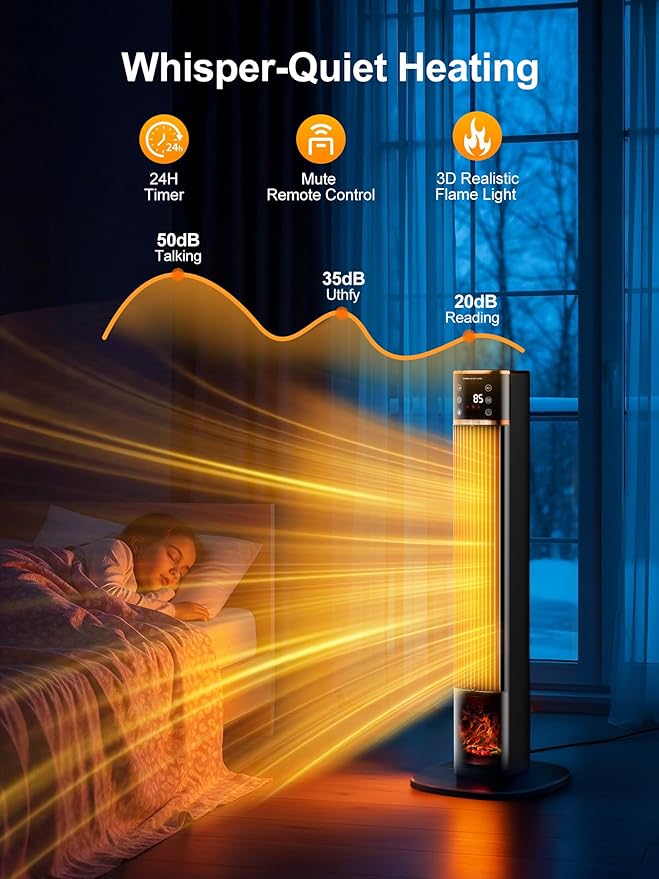 Uthfy Space Heater for indoor use, Large Room Heater with 3D Flame Effect, 1500W Portable Electric Heater with ECO, 90° Oscillating, Remote, PTC Ceramic Heaters for Bedroom, Office, Home