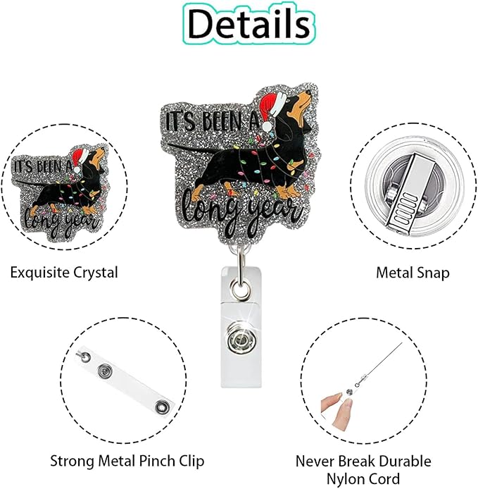 Christmas Badge Reel Cute Black Dog Badge Holder Retractable ID Card Alligator Clip Christmas Dachshund Badge Reels Light Strings Puppy Acrylic Glitter Animals Nurse Name Tag for Medical Assistants