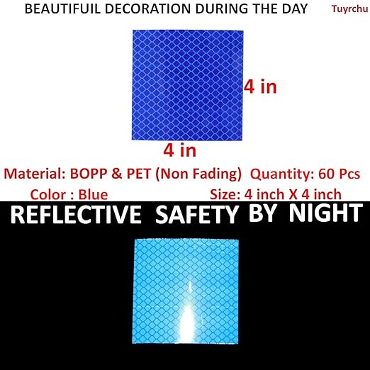Blue Reflective Stickers 4 inch X 4 inch, Outdoor Waterproof High Visibility Warning Safety Adhesive Reflector Tape (60 Pcs)