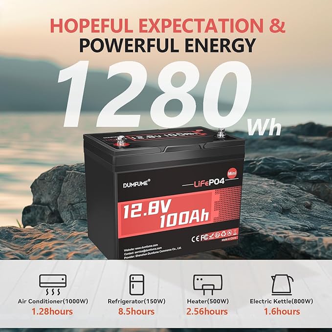 2 Pack 12V 100Ah Mini LiFePO4 Battery, Built-in 100A BMS,1280Wh Deep Cycle Rechargeable Lithium Battery 6000+ Cycles 10-Year Lifespan for RV, Solar, Off-Grid and Home Energy Storage