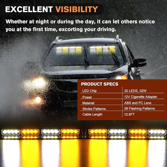 Nilight 32LED Amber White Emergency Dash Strobe Lights with Controller Suction Cups Warning Hazard Interior Front/Rear Windshield Deck Split Light Bar for Truck Construction Vehicle