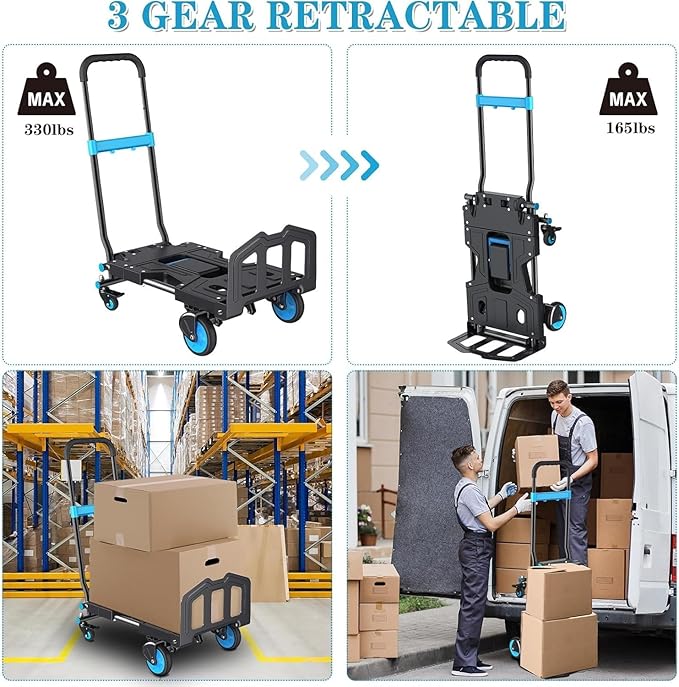 Folding Hand Truck, 330 lbs Max Capacity Portable Hand Cart, 2-in-1 Heavy Duty Foldable Dolly Cart with Adjustable Retractable Handle for Luggage, Moving, Shopping, Office,Travel Use