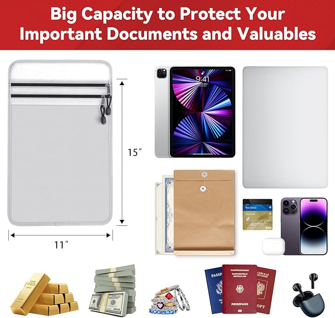 kanhiro Upgraded Two-Pocket Fireproof Document Bag 2192℉ Fireproof & Water-Resistant Money Bag with Zipper, Important Document Organizer for Passport, Cash, Valuables, Legal Files Safe