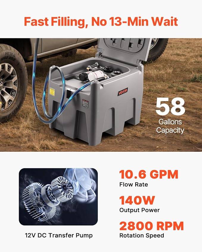 VEVOR Portable Diesel Tank, 58 Gallon Capacity & 10 GPM Flow Rate, Fuel Tank with 12V Electric Transfer Pump and 13.1ft Rubber Hose, PE Diesel Transfer Tanks for Easy Fuel Transportation, Grey
