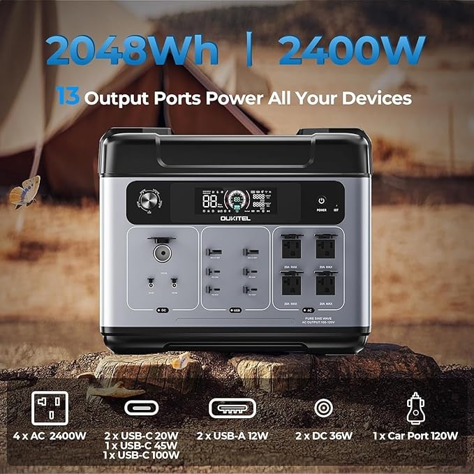 OUKITEL P2001 PLUS 2400W Power Station with 200W Solar Panel, 2048Wh Solar Generator(Peak 5000W) 1.5Hrs Fast Full Charging APP Control Emergency LiFePO4 Battery for Home Backup Camping RVs