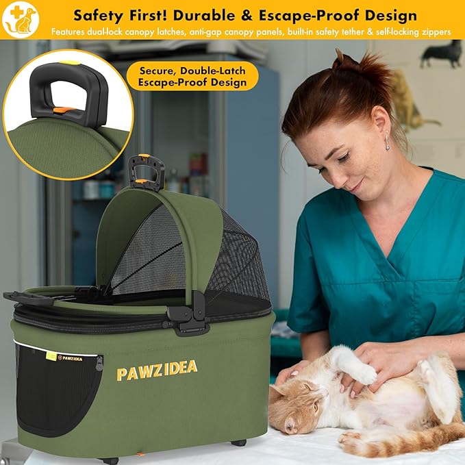 PAWZIDEA Portable Small Dog Crate for Car Travel, Enclosed Pet Car Seat for Small/Medium Dogs Cats up 33lb, Reversible No-Zip Canopy, Soft-Sided Pet Carrier Basket, Collapsible Dog Kennel, Metal Frame