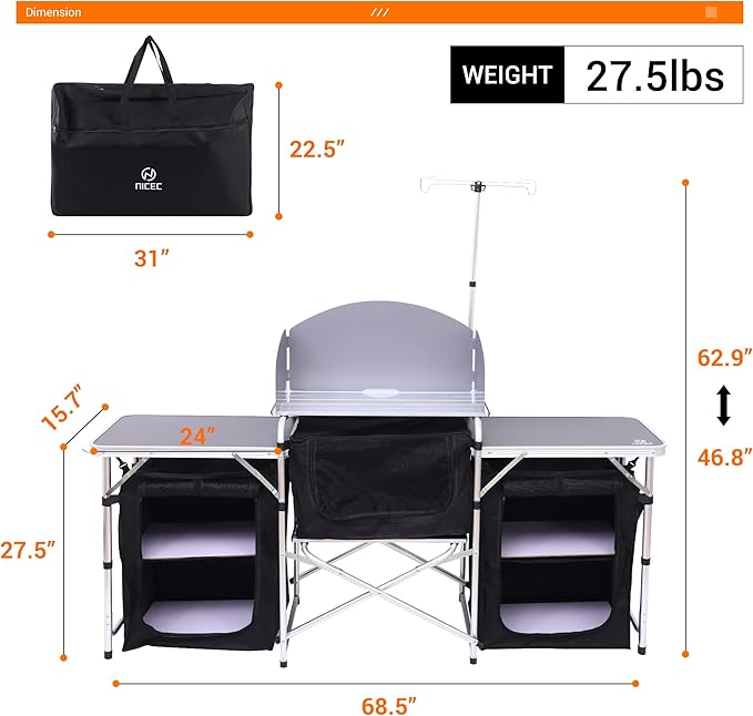 Nice C Camping Kitchen Table, Folding Table, Upgrade Light Stand and Windshield Cooking Station & 3 Organizers, Carry Bag for Outdoor, Beach, BBQ, Picnic, Cooking, Indoor, Office(Silver)