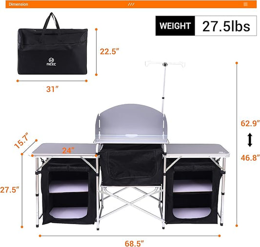 Nice C Camping Kitchen Table, Folding Table, Upgrade Light Stand and Windshield Cooking Station & 3 Organizers, Carry Bag for Outdoor, Beach, BBQ, Picnic, Cooking, Indoor, Office(Silver)